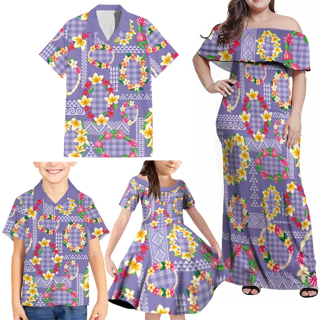 Hawaiian Leis Family Matching Off Shoulder Maxi Dress and Hawaiian Shirt Kakau Tattoos and Palaka Pastel Purple Color LT03 - Polynesian Pride