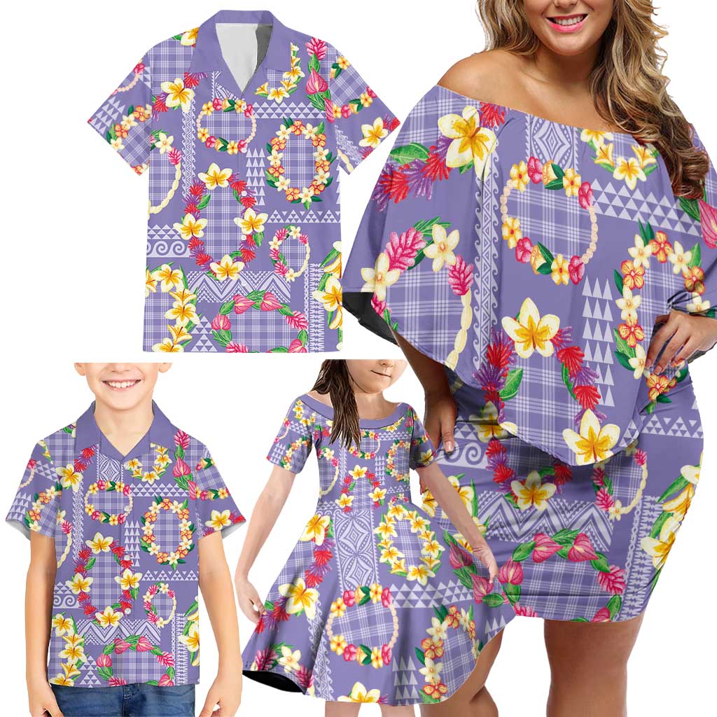 Hawaiian Leis Family Matching Off Shoulder Short Dress and Hawaiian Shirt Kakau Tattoos and Palaka Pastel Purple Color