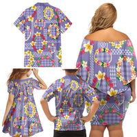Hawaiian Leis Family Matching Off Shoulder Short Dress and Hawaiian Shirt Kakau Tattoos and Palaka Pastel Purple Color LT03 - Polynesian Pride