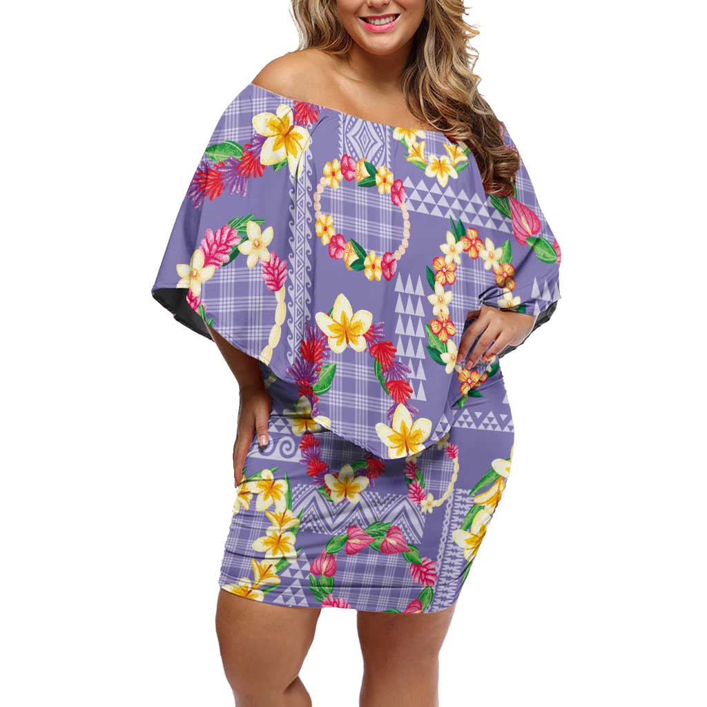 Hawaiian Leis Family Matching Off Shoulder Short Dress and Hawaiian Shirt Kakau Tattoos and Palaka Pastel Purple Color LT03 Mom's Dress Purple - Polynesian Pride