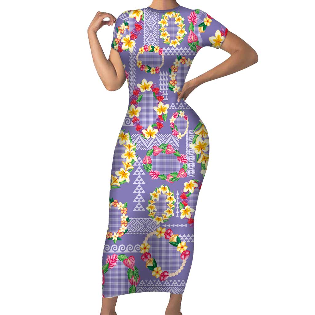 Hawaiian Leis Family Matching Short Sleeve Bodycon Dress and Hawaiian Shirt Kakau Tattoos and Palaka Pastel Purple Color LT03 Mom's Dress Purple - Polynesian Pride