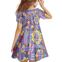 Hawaiian Leis Kid Short Sleeve Dress Kakau Tattoos and Palaka Pastel Purple Color LT03 - Polynesian Pride