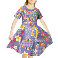 Hawaiian Leis Kid Short Sleeve Dress Kakau Tattoos and Palaka Pastel Purple Color LT03 - Polynesian Pride