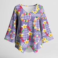 Hawaiian Leis Kimono Sleeve Blouse Kakau Tattoos and Palaka Pastel Purple Color