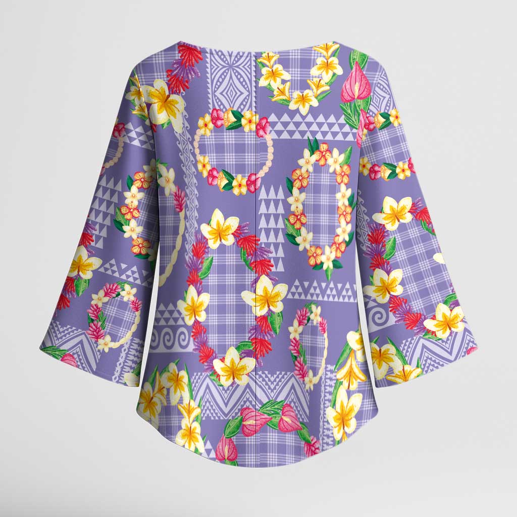 Hawaiian Leis Kimono Sleeve Blouse Kakau Tattoos and Palaka Pastel Purple Color
