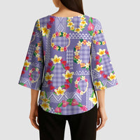 Hawaiian Leis Kimono Sleeve Blouse Kakau Tattoos and Palaka Pastel Purple Color