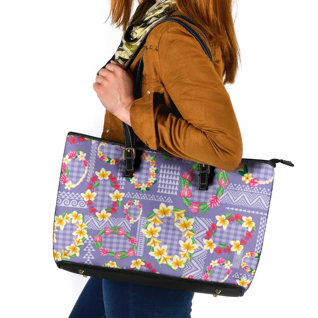 Hawaiian Leis Leather Tote Bag Kakau Tattoos and Palaka Pastel Purple Color