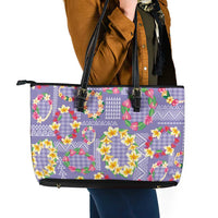 Hawaiian Leis Leather Tote Bag Kakau Tattoos and Palaka Pastel Purple Color