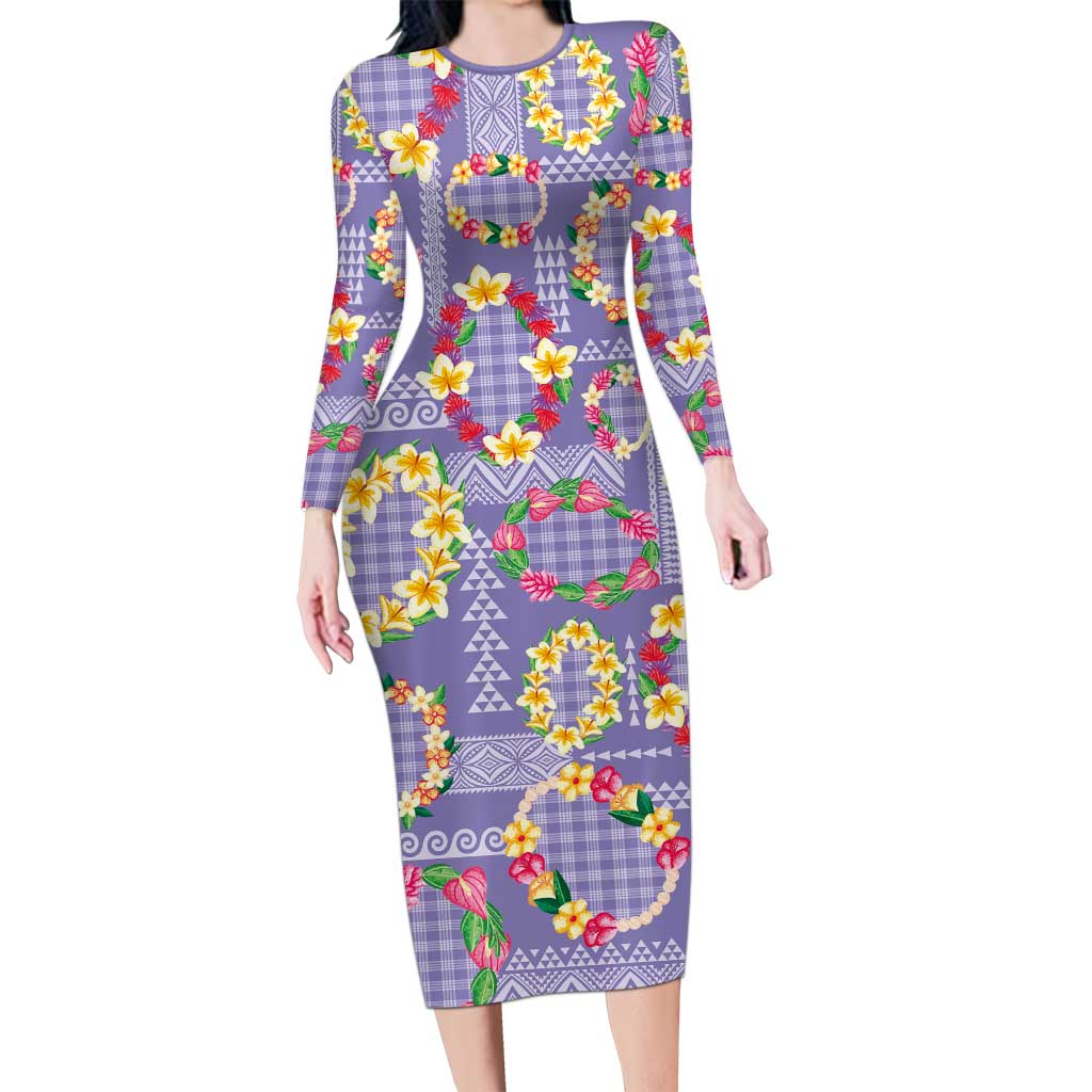 Hawaiian Leis Long Sleeve Bodycon Dress Kakau Tattoos and Palaka Pastel Purple Color LT03 Long Dress Purple - Polynesian Pride