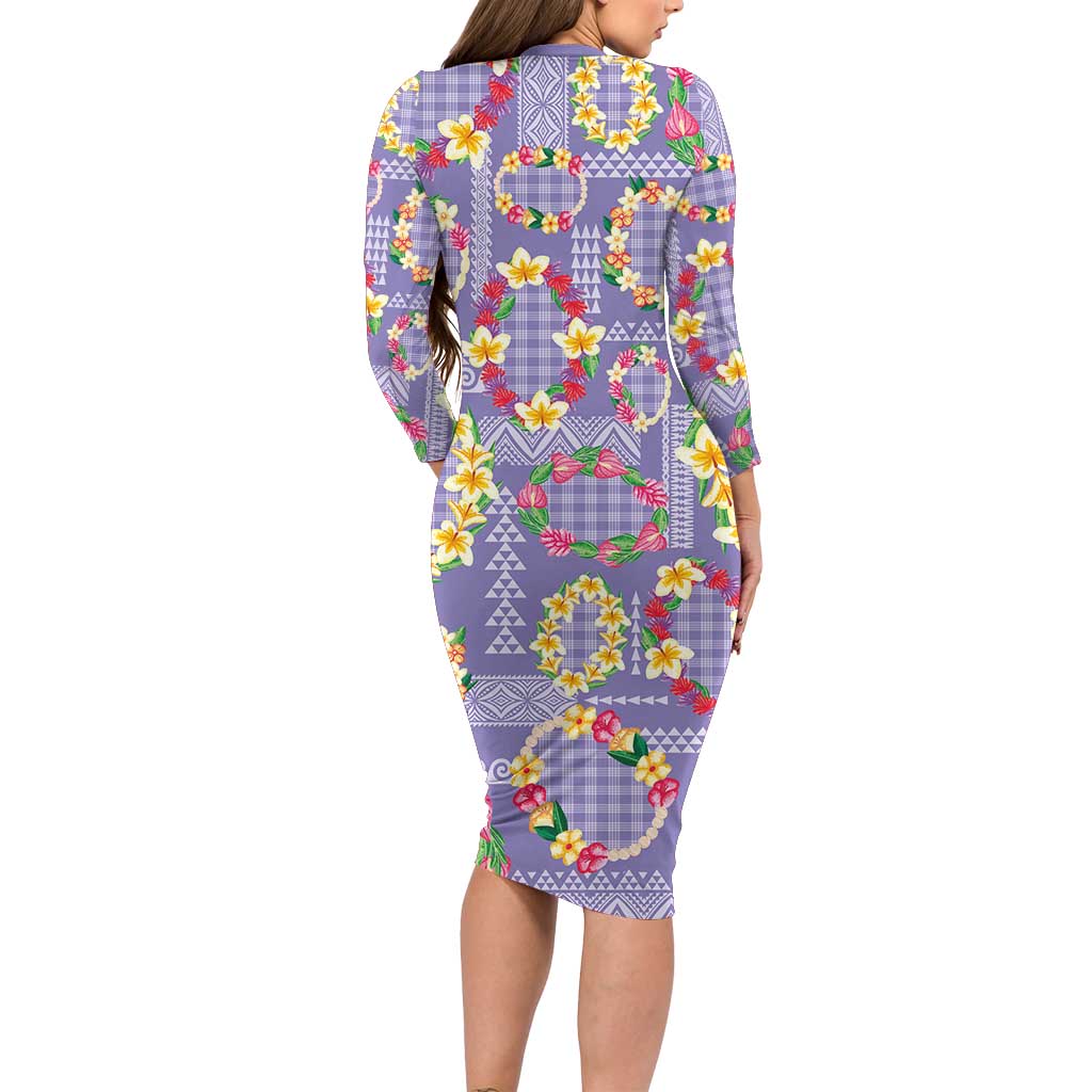 Hawaiian Leis Long Sleeve Bodycon Dress Kakau Tattoos and Palaka Pastel Purple Color LT03 - Polynesian Pride