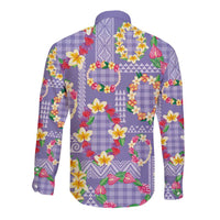 Hawaiian Leis Long Sleeve Button Shirt Kakau Tattoos and Palaka Pastel Purple Color