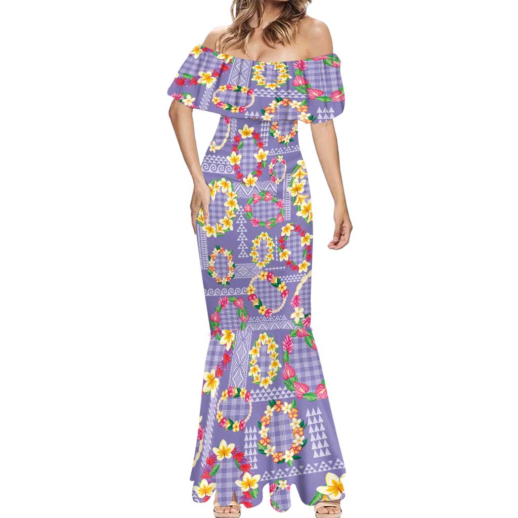 Hawaiian Leis Mermaid Dress Kakau Tattoos and Palaka Pastel Purple Color LT03 - Polynesian Pride
