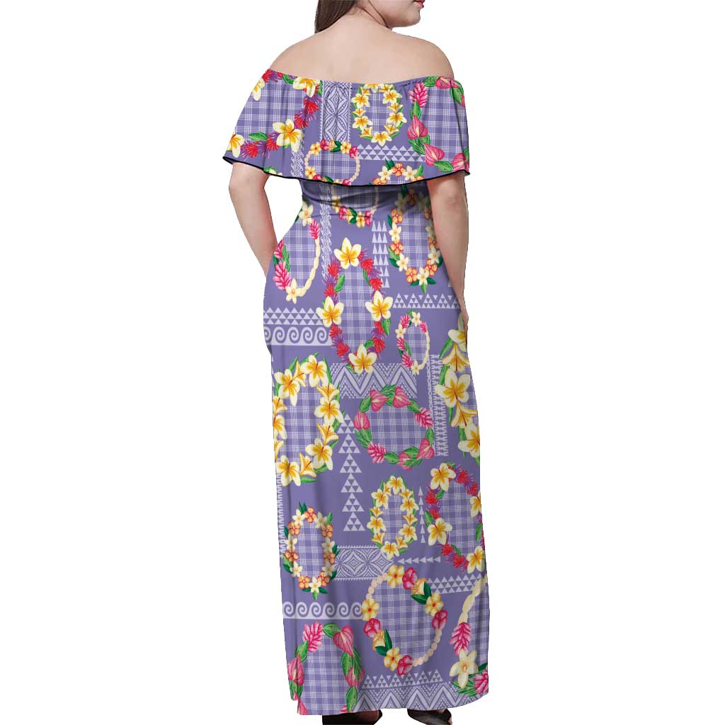 Hawaiian Leis Off Shoulder Maxi Dress Kakau Tattoos and Palaka Pastel Purple Color LT03 - Polynesian Pride