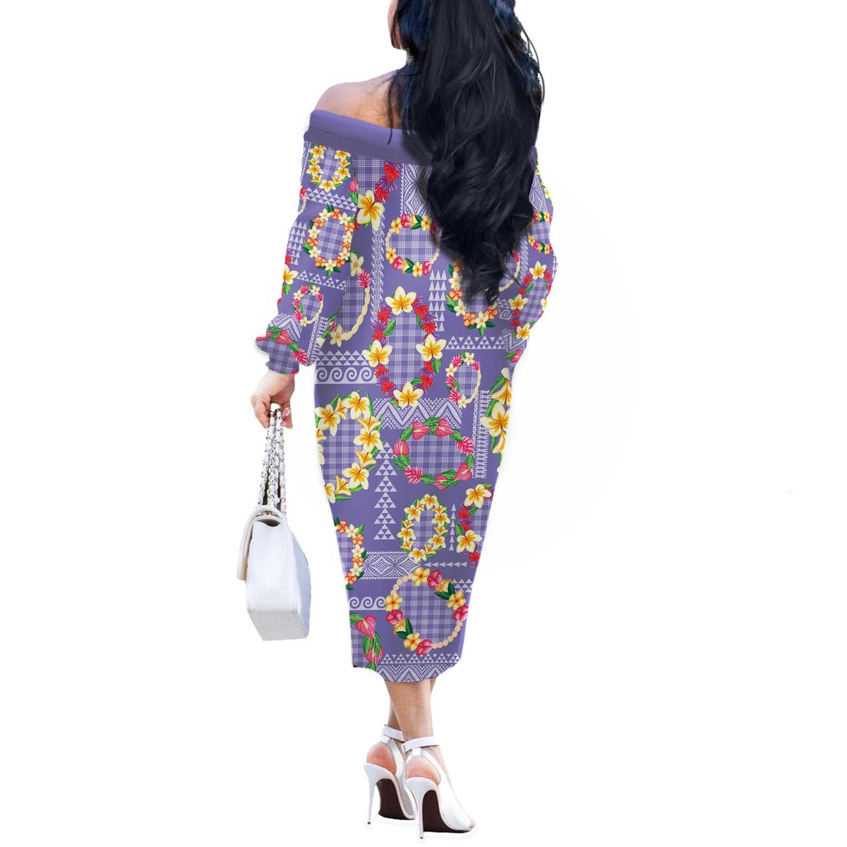 Hawaiian Leis Off The Shoulder Long Sleeve Dress Kakau Tattoos and Palaka Pastel Purple Color LT03 - Polynesian Pride