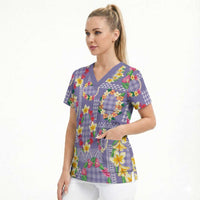 Hawaiian Leis Scrub Top Kakau Tattoos and Palaka Pastel Purple Color