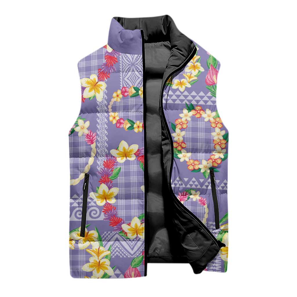 Hawaiian Leis Sleeveless Puffer Jacket Kakau Tattoos and Palaka Pastel Purple Color