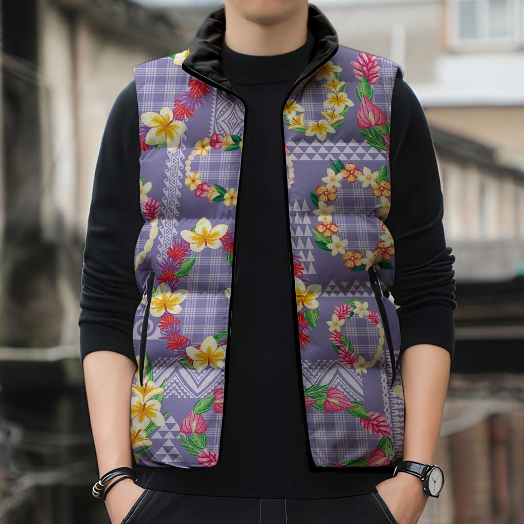 Hawaiian Leis Sleeveless Puffer Jacket Kakau Tattoos and Palaka Pastel Purple Color