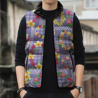 Hawaiian Leis Sleeveless Puffer Jacket Kakau Tattoos and Palaka Pastel Purple Color