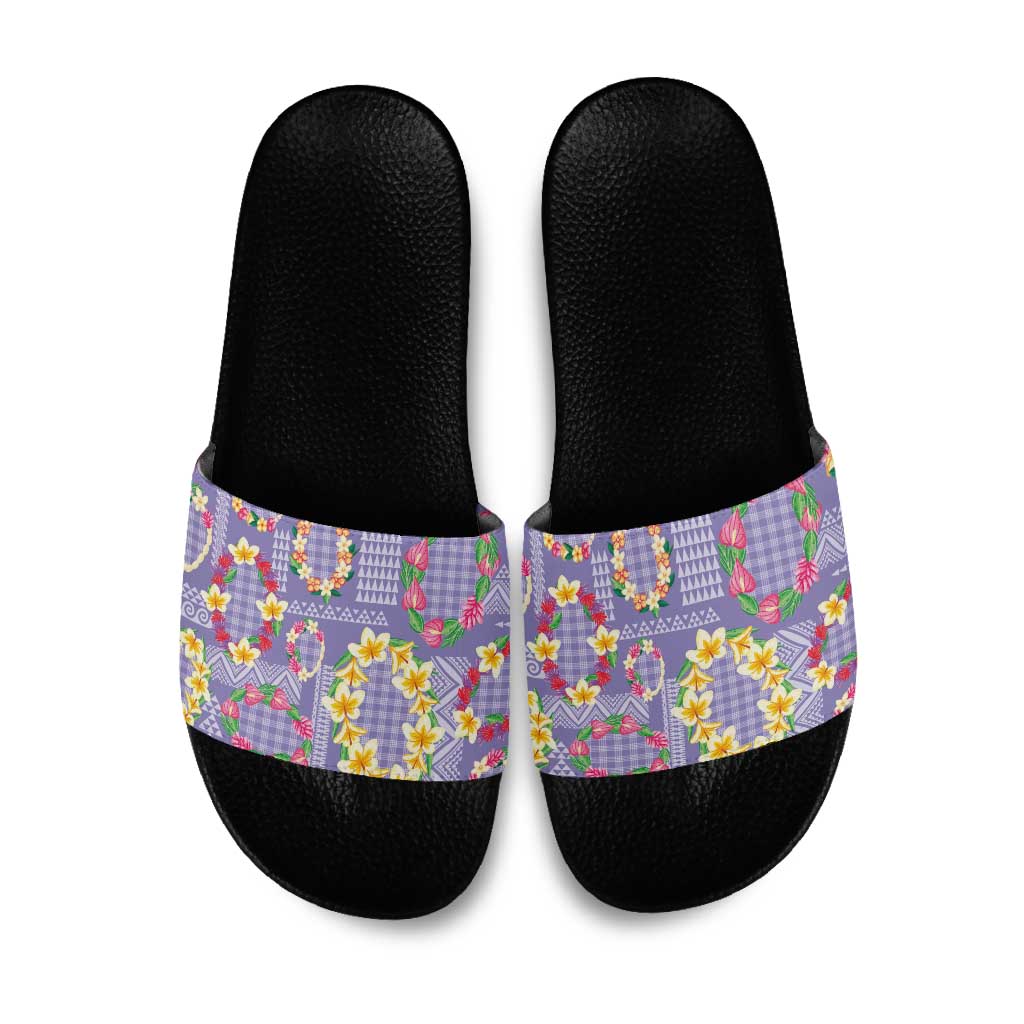 Hawaiian Leis Slide Sandals Kakau Tattoos and Palaka Pastel Purple Color