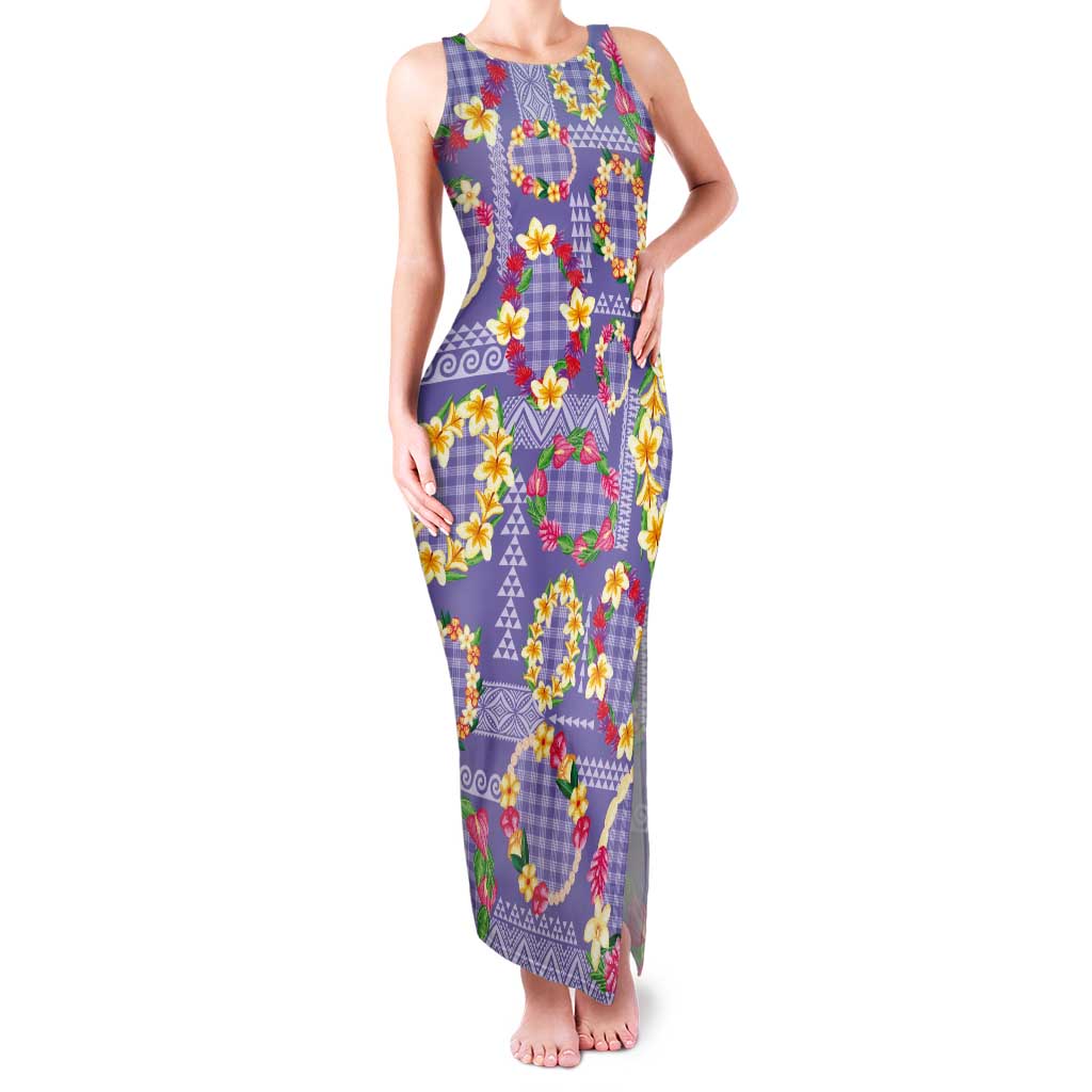 Hawaiian Leis Tank Maxi Dress Kakau Tattoos and Palaka Pastel Purple Color