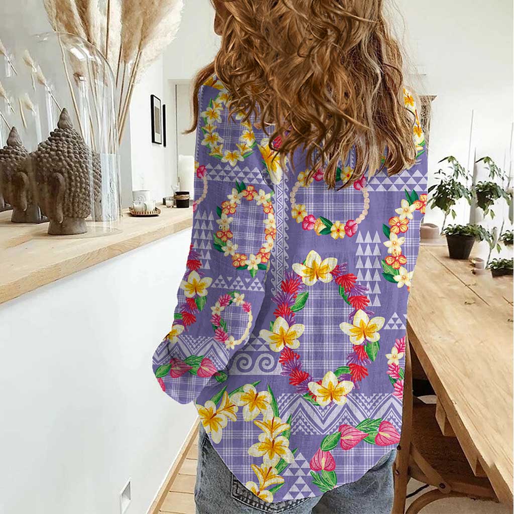 Hawaiian Leis Women Casual Shirt Kakau Tattoos and Palaka Pastel Purple Color LT03 - Polynesian Pride