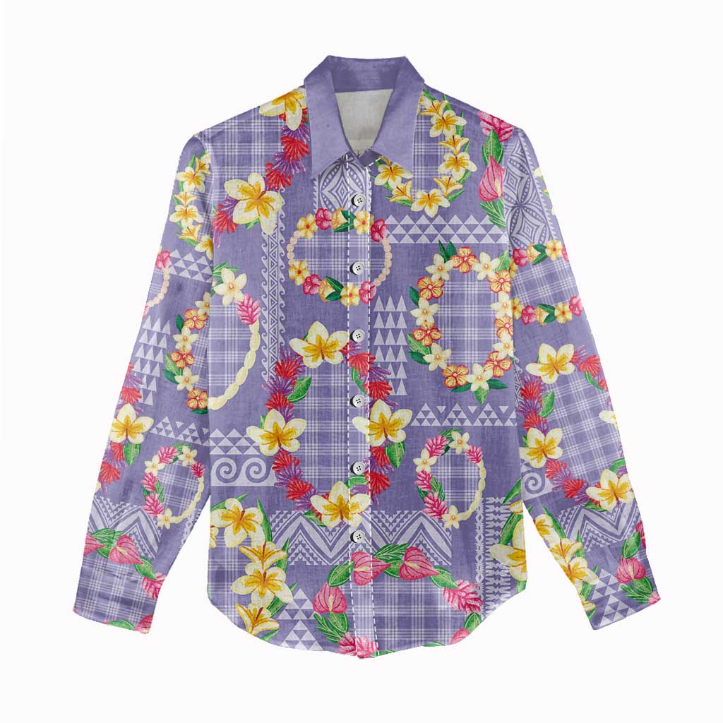 Hawaiian Leis Women Casual Shirt Kakau Tattoos and Palaka Pastel Purple Color LT03 - Polynesian Pride