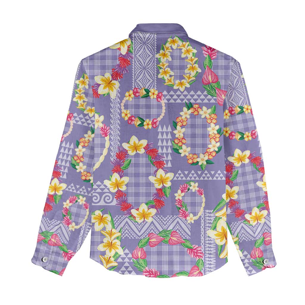Hawaiian Leis Women Casual Shirt Kakau Tattoos and Palaka Pastel Purple Color LT03 - Polynesian Pride
