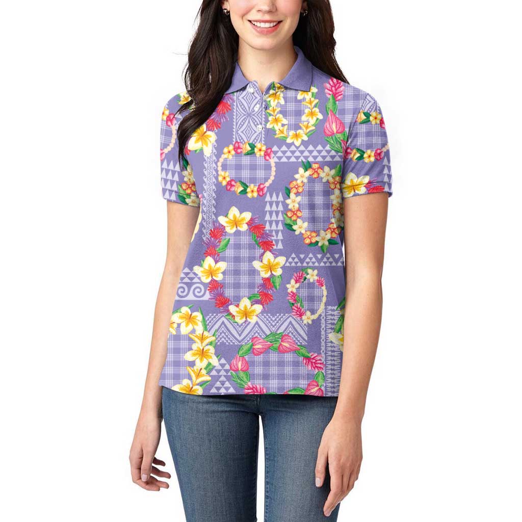 Hawaiian Leis Women Polo Shirt Kakau Tattoos and Palaka Pastel Purple Color LT03 - Polynesian Pride