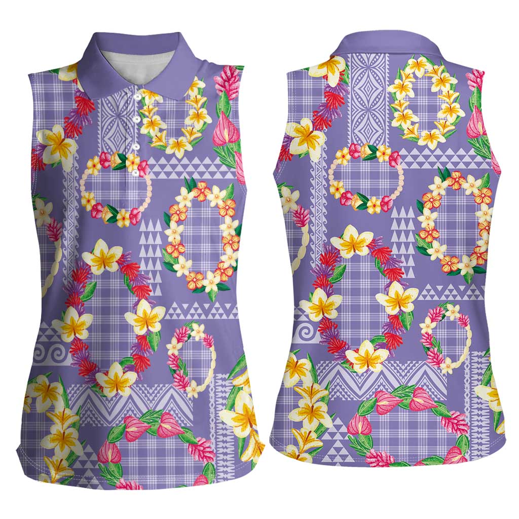 Hawaiian Leis Women Sleeveless Polo Shirt Kakau Tattoos and Palaka Pastel Purple Color LT03 - Polynesian Pride