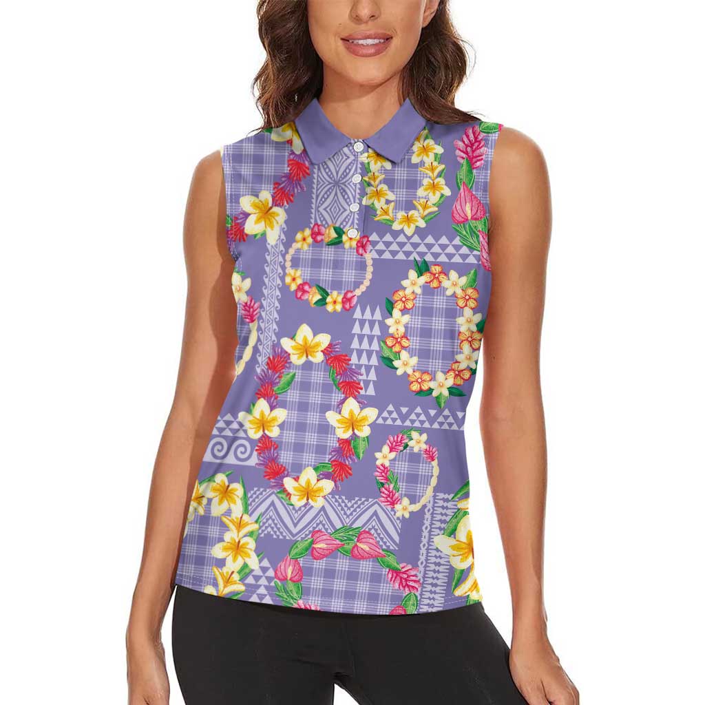 Hawaiian Leis Women Sleeveless Polo Shirt Kakau Tattoos and Palaka Pastel Purple Color LT03 - Polynesian Pride