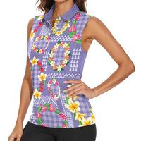Hawaiian Leis Women Sleeveless Polo Shirt Kakau Tattoos and Palaka Pastel Purple Color LT03 - Polynesian Pride