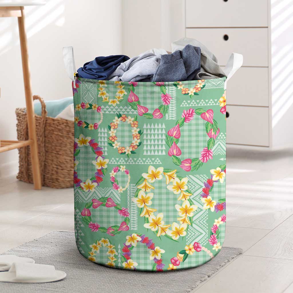Hawaiian Leis Laundry Basket Kakau Tattoos and Palaka Pastel Green Color