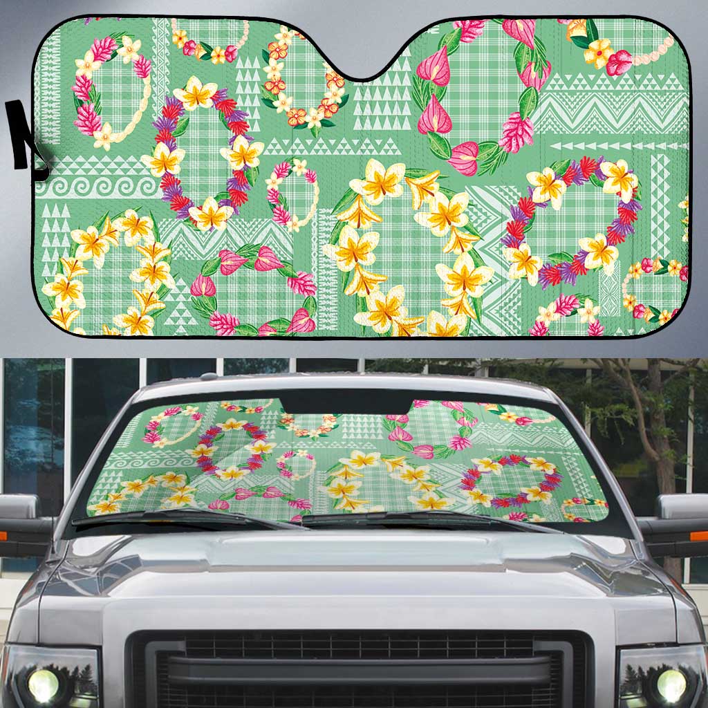 Hawaiian Leis Auto Sun Shade Kakau Tattoos and Palaka Pastel Green Color