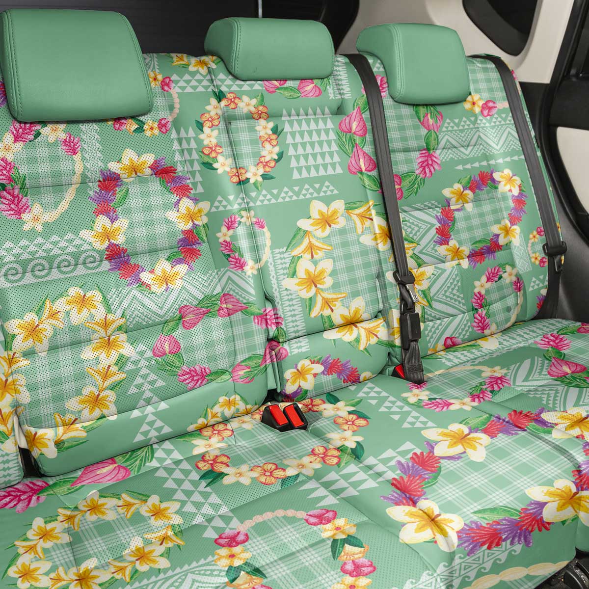 Hawaiian Leis Back Car Seat Cover Kakau Tattoos and Palaka Pastel Green Color