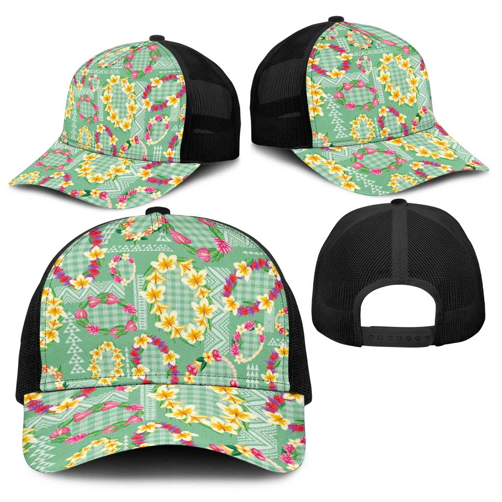 Hawaiian Leis Baseball Net Cap Kakau Tattoos and Palaka Pastel Green Color