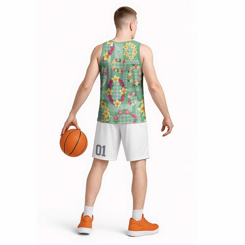 Hawaiian Leis Basketball Jersey Kakau Tattoos and Palaka Pastel Green Color LT03 - Polynesian Pride