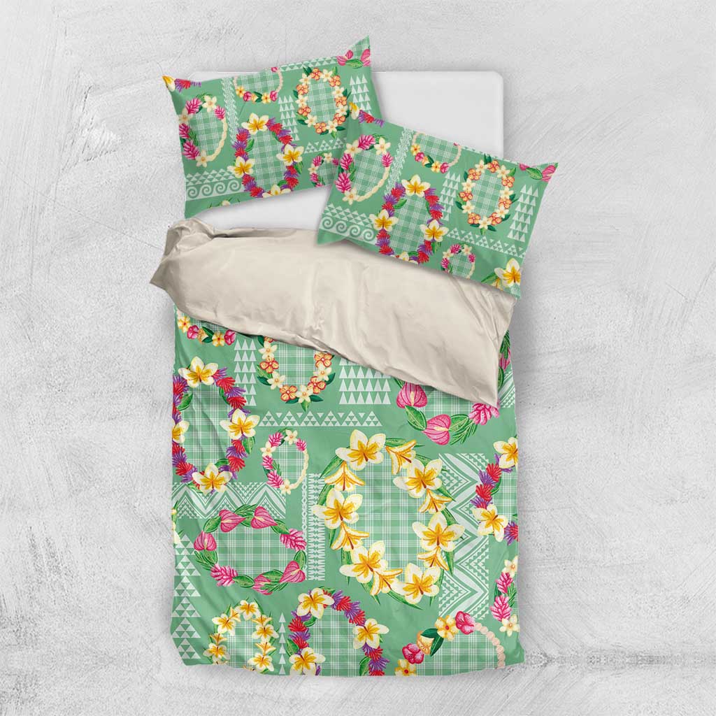 Hawaiian Leis Bedding Set Kakau Tattoos and Palaka Pastel Green Color