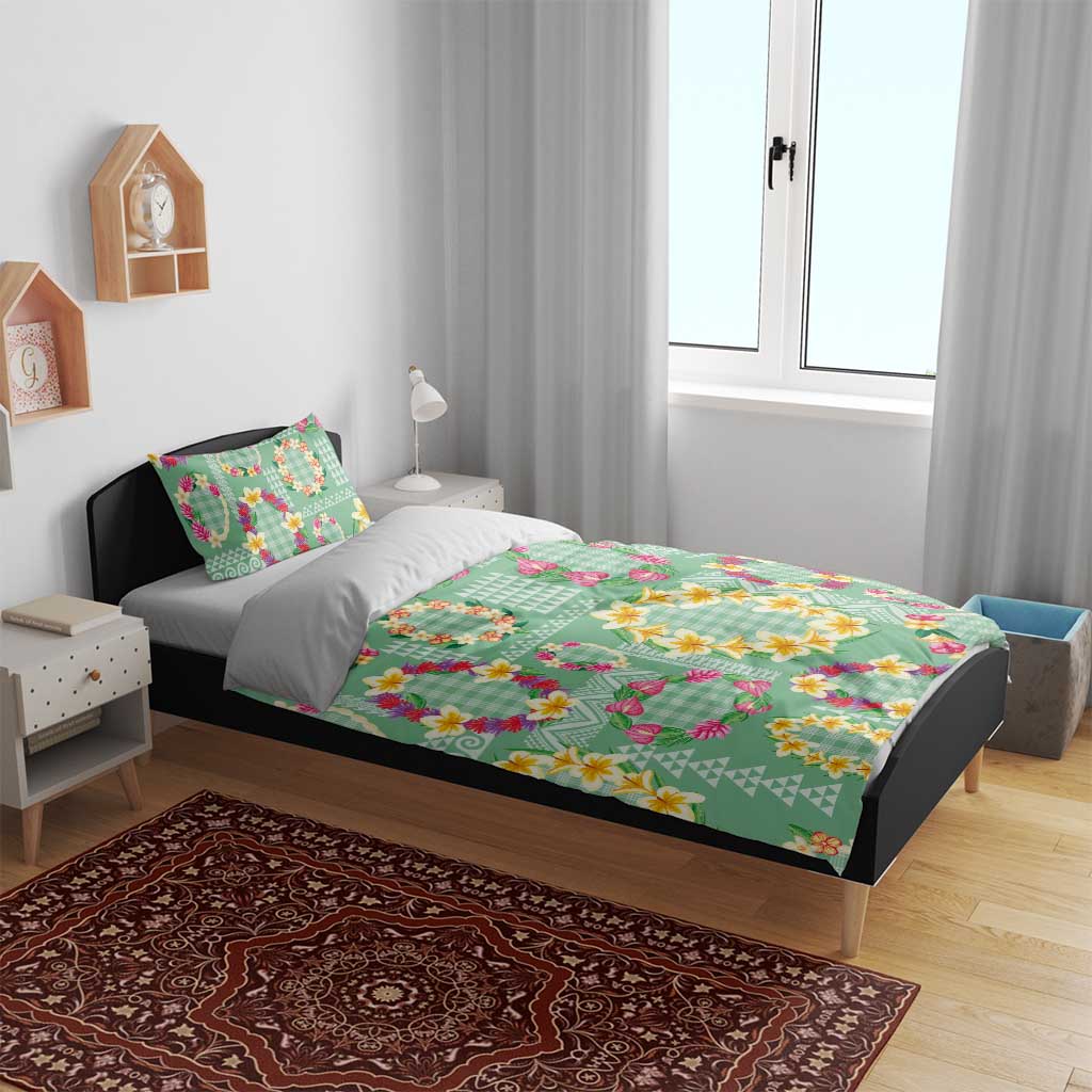Hawaiian Leis Bedding Set Kakau Tattoos and Palaka Pastel Green Color