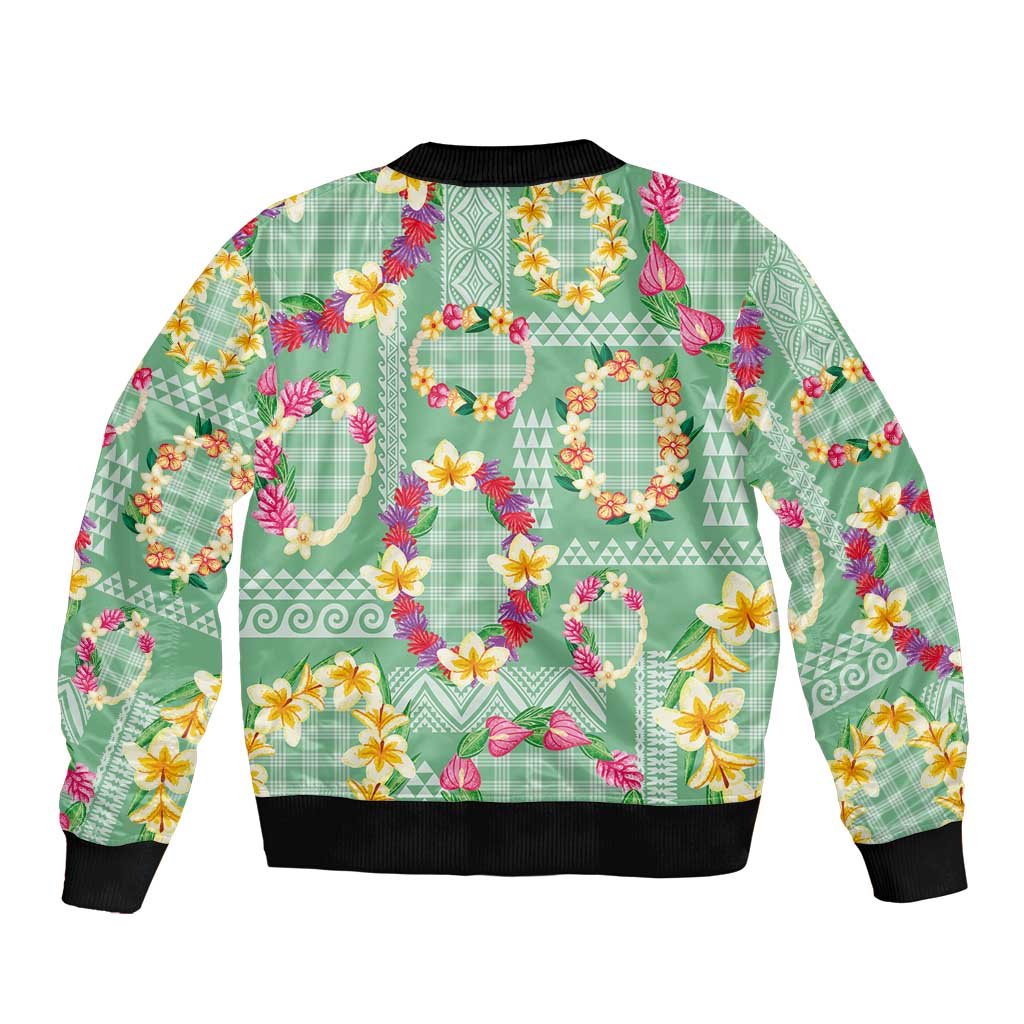 Hawaiian Leis Bomber Jacket Kakau Tattoos and Palaka Pastel Green Color