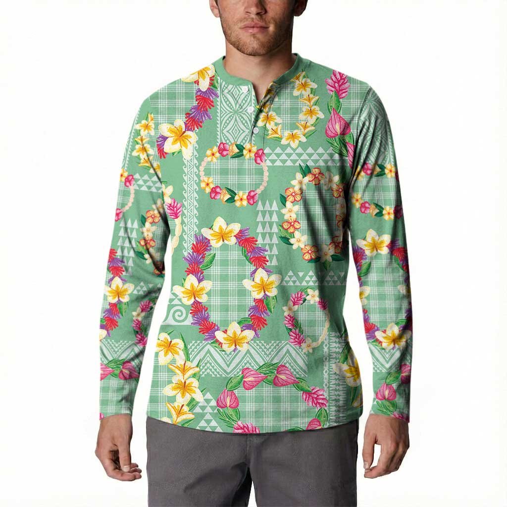 Hawaiian Leis Button Sweatshirt Kakau Tattoos and Palaka Pastel Green Color
