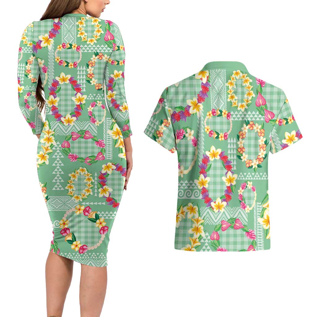 Hawaiian Leis Couples Matching Long Sleeve Bodycon Dress and Hawaiian Shirt Kakau Tattoos and Palaka Pastel Green Color LT03 - Polynesian Pride