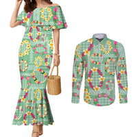 Hawaiian Leis Couples Matching Mermaid Dress and Long Sleeve Button Shirt Kakau Tattoos and Palaka Pastel Green Color LT03 Green - Polynesian Pride