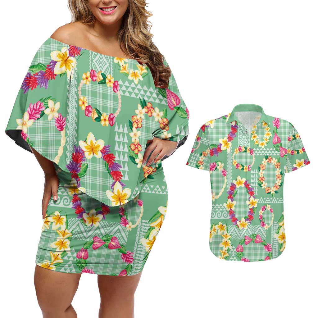 Hawaiian Leis Couples Matching Off Shoulder Short Dress and Hawaiian Shirt Kakau Tattoos and Palaka Pastel Green Color LT03 Green - Polynesian Pride