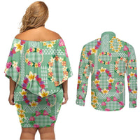 Hawaiian Leis Couples Matching Off Shoulder Short Dress and Long Sleeve Button Shirt Kakau Tattoos and Palaka Pastel Green Color LT03 - Polynesian Pride