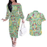 Hawaiian Leis Couples Matching Off The Shoulder Long Sleeve Dress and Hawaiian Shirt Kakau Tattoos and Palaka Pastel Green Color LT03 Green - Polynesian Pride