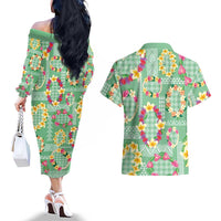 Hawaiian Leis Couples Matching Off The Shoulder Long Sleeve Dress and Hawaiian Shirt Kakau Tattoos and Palaka Pastel Green Color LT03 - Polynesian Pride