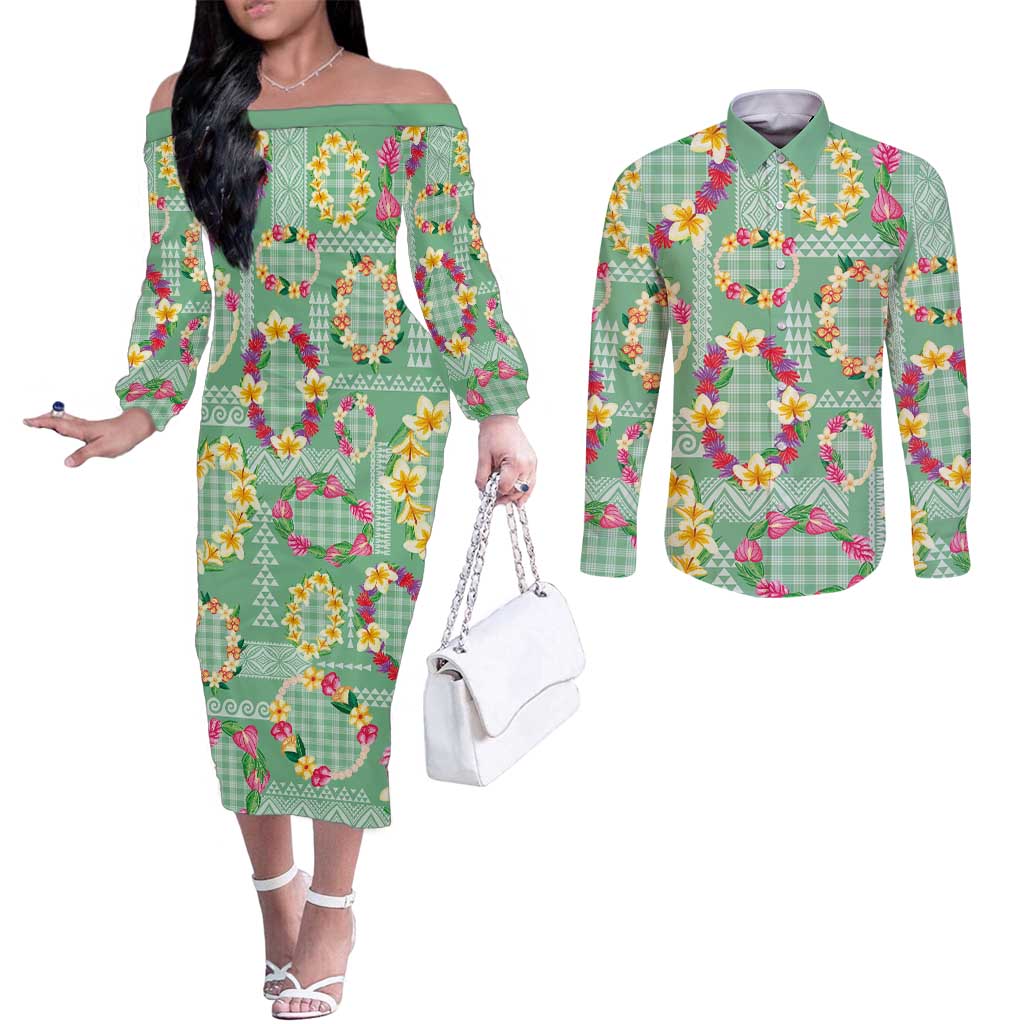 Hawaiian Leis Couples Matching Off The Shoulder Long Sleeve Dress and Long Sleeve Button Shirt Kakau Tattoos and Palaka Pastel Green Color LT03 Green - Polynesian Pride