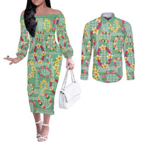 Hawaiian Leis Couples Matching Off The Shoulder Long Sleeve Dress and Long Sleeve Button Shirt Kakau Tattoos and Palaka Pastel Green Color LT03 Green - Polynesian Pride