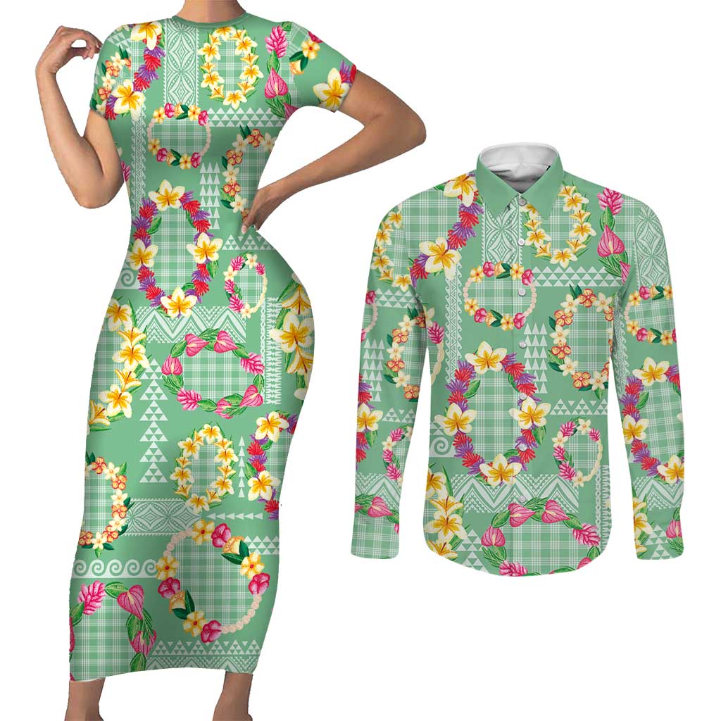 Hawaiian Leis Couples Matching Short Sleeve Bodycon Dress and Long Sleeve Button Shirt Kakau Tattoos and Palaka Pastel Green Color LT03 Green - Polynesian Pride