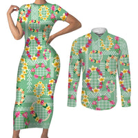 Hawaiian Leis Couples Matching Short Sleeve Bodycon Dress and Long Sleeve Button Shirt Kakau Tattoos and Palaka Pastel Green Color LT03 Green - Polynesian Pride